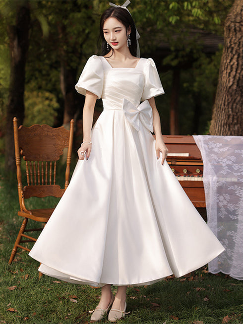White Satin A-line Short Sleeves Party Dress with Bow, White Satin Formal Dress